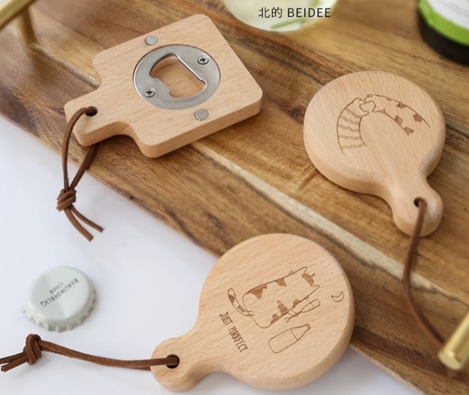 客製化logo冰箱貼磁吸開瓶器 抽獎禮物 婚禮小物 櫸木開瓶器